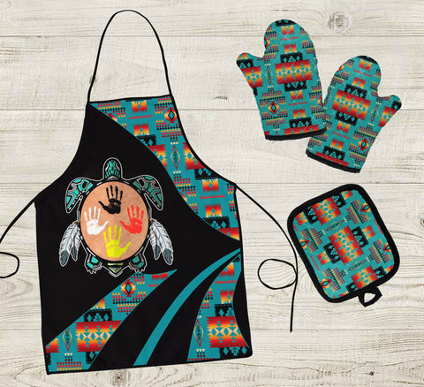 COMB018 Tribal Turtle Native American Apron & Oven Mitts And Potholder Set