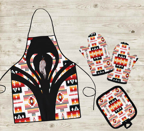 COMB070 Feather Pattern Native American Apron & Oven Mitts And Potholder Set