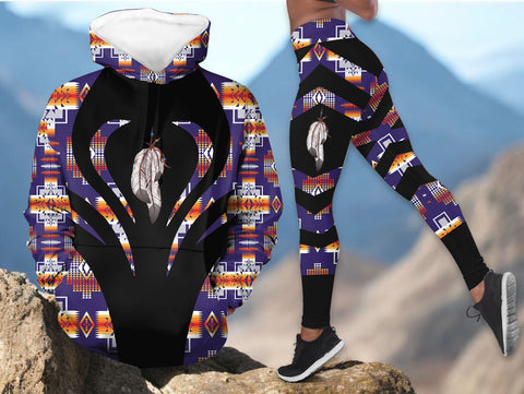 COMB071 Feather Native American Hoodie Leggings Set
