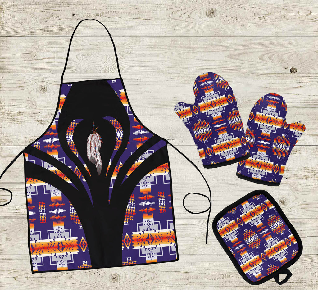 COMB071 Feather Pattern Native American Apron & Oven Mitts And Potholder Set