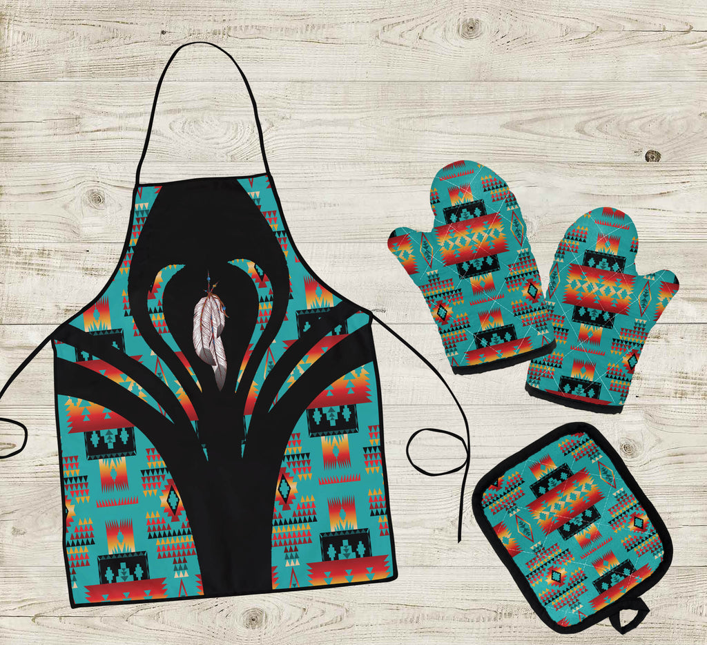 COMB072 Feather Pattern Native American Apron & Oven Mitts And Potholder Set