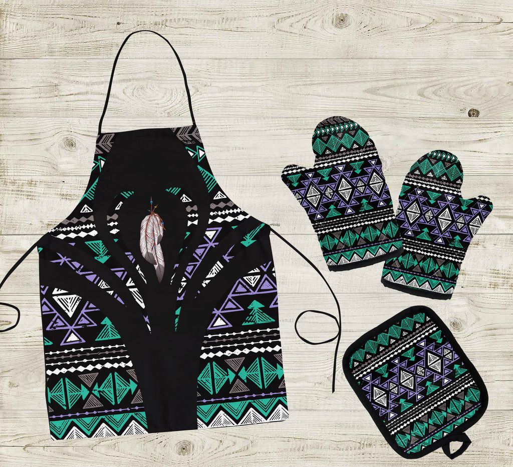 COMB073 Feather Pattern Native American Apron & Oven Mitts And Potholder Set