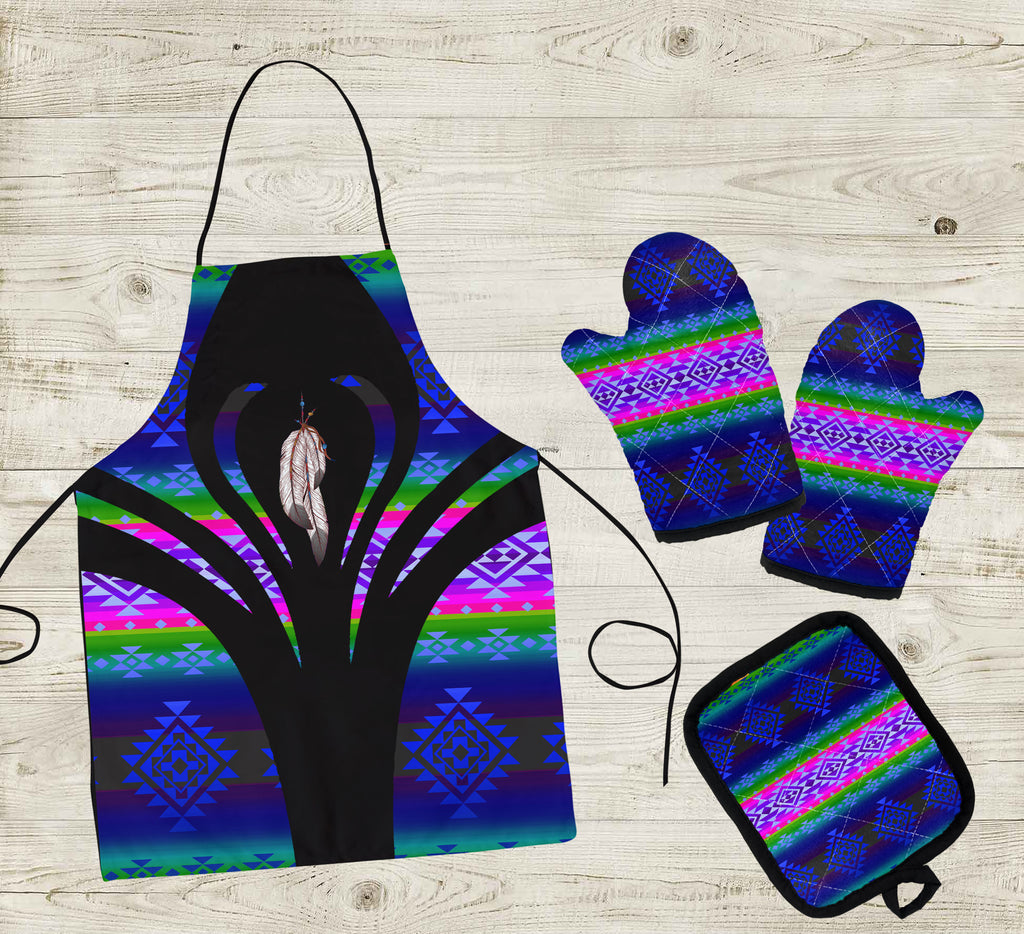 COMB074 Feather Pattern Native American Apron & Oven Mitts And Potholder Set