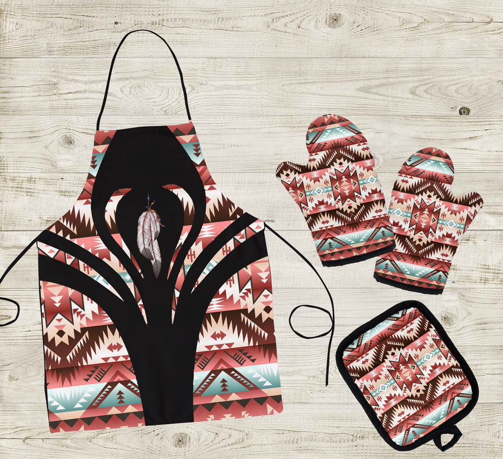 COMB075 Feather Pattern Native American Apron & Oven Mitts And Potholder Set