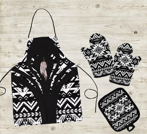 COMB076 Feather Pattern Native American Apron & Oven Mitts And Potholder Set