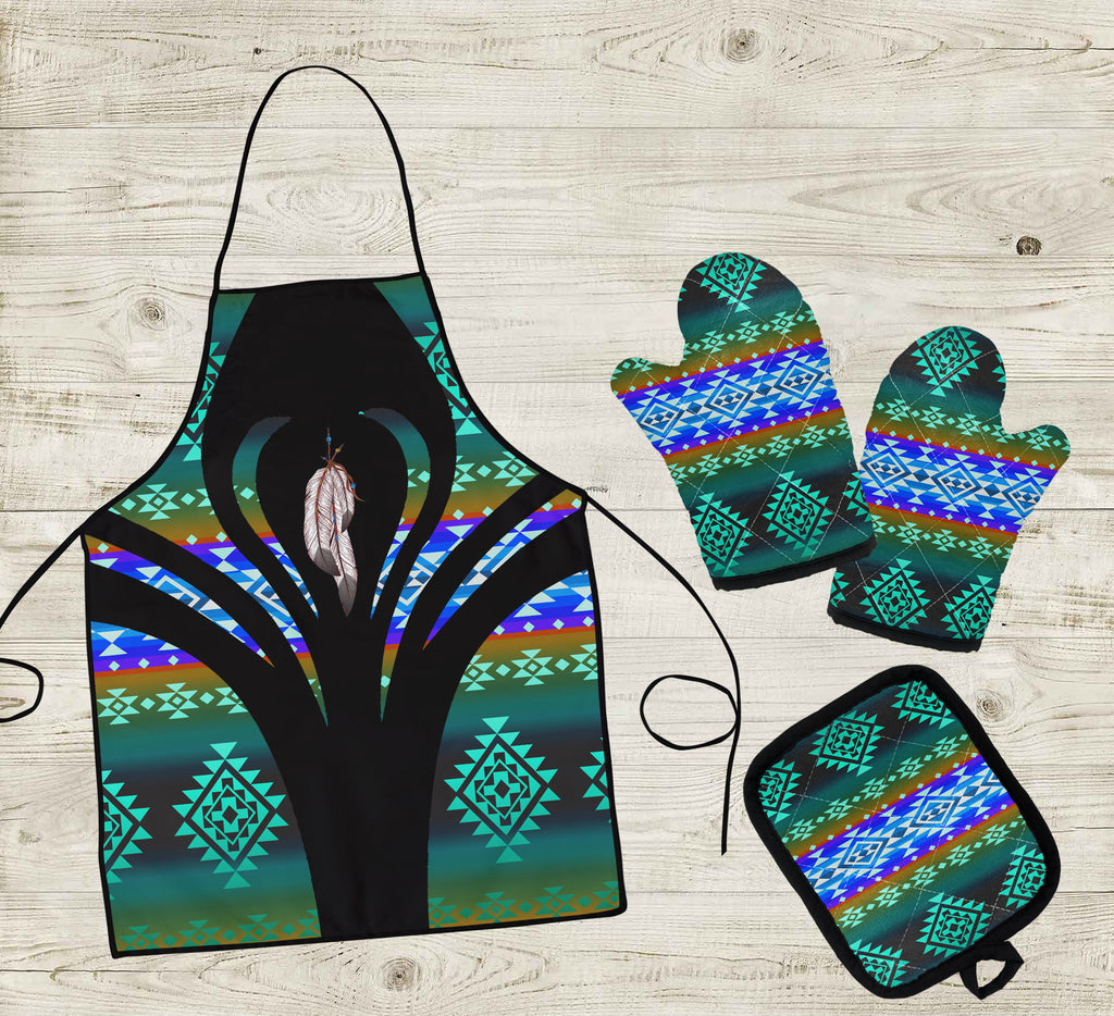 COMB077 Feather Pattern Native American Apron & Oven Mitts And Potholder Set