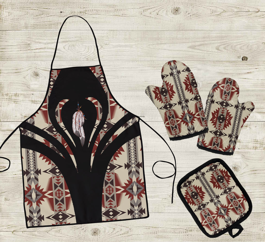 COMB078 Feather Pattern Native American Apron & Oven Mitts And Potholder Set