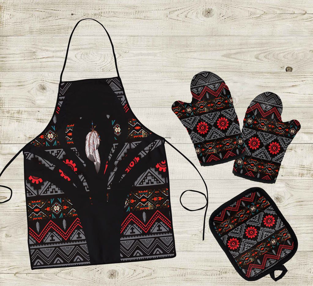 COMB079 Feather Pattern Native American Apron & Oven Mitts And Potholder Set