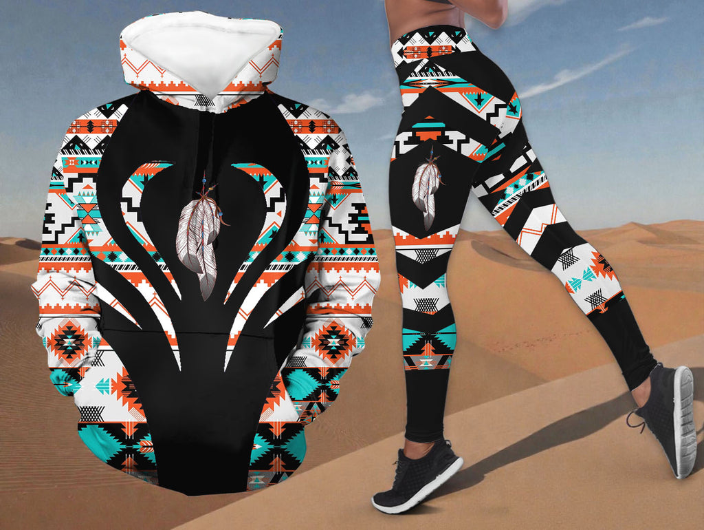 COMB080 Feather Native American Hoodie Leggings Set