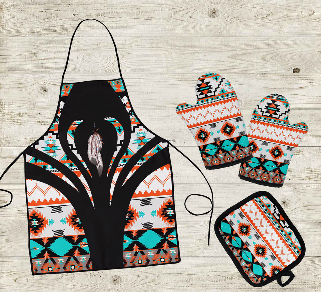 COMB080 Feather Pattern Native American Apron & Oven Mitts And Potholder Set