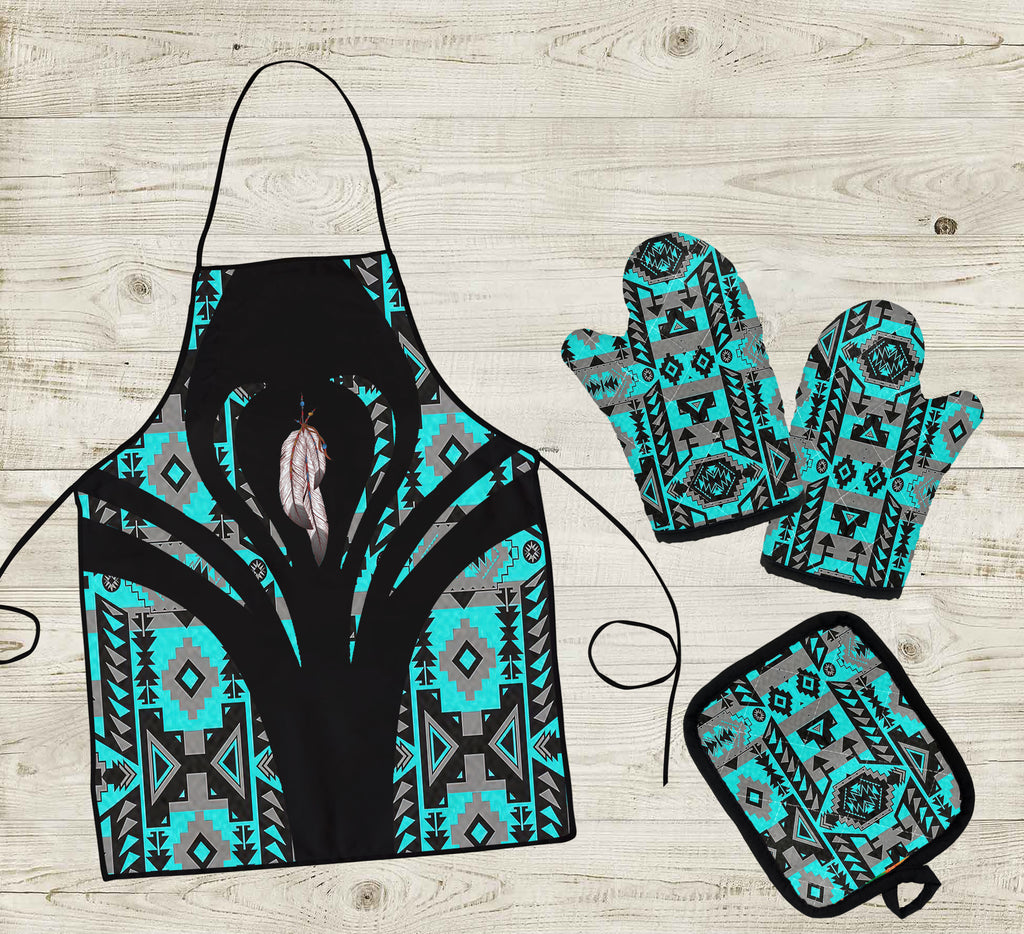 COMB081  Feather Pattern Native American Apron & Oven Mitts And Potholder Set