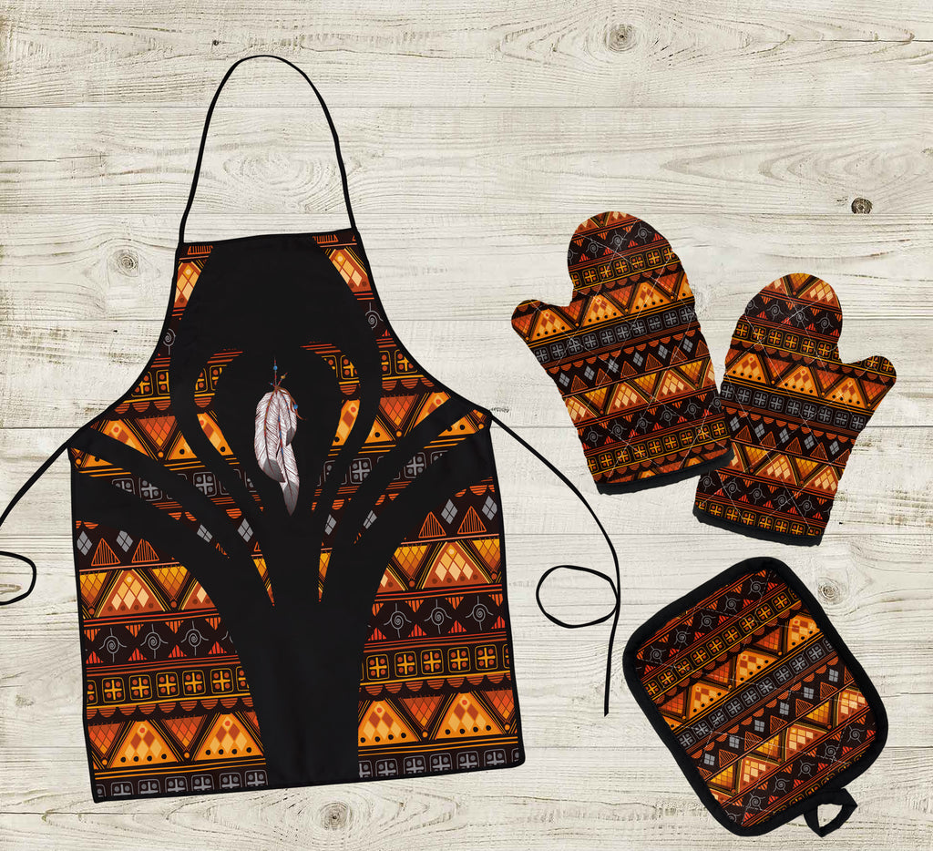 COMB082 Feather Pattern Native American Apron & Oven Mitts And Potholder Set