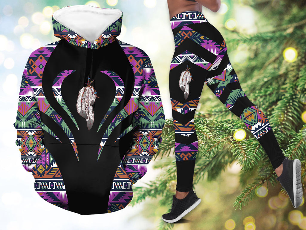 COMB083 Feather Native American Hoodie Leggings Set