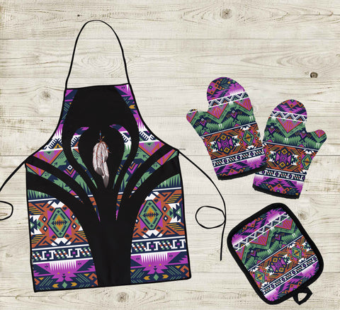 COMB083 Feather Pattern Native American Apron & Oven Mitts And Potholder Set