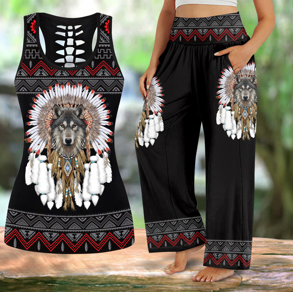 COMB2108 Wolf Native American  Hollow Tank Top And Women's Wide Leg Pants