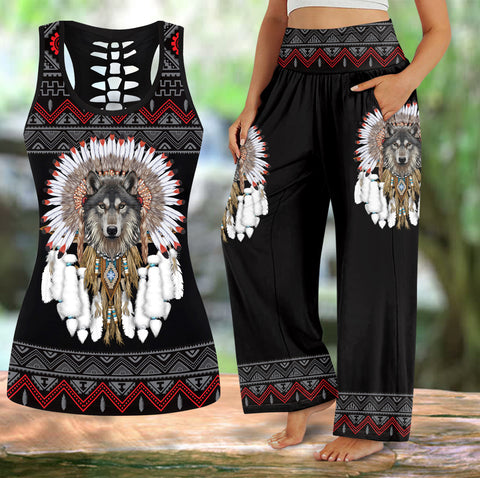 COMB2108 Wolf Native American  Hollow Tank Top And Women's Wide Leg Pants