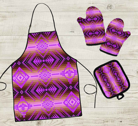 CSA-00069 Pattern Native American Apron & Oven Mitts And Potholder Set