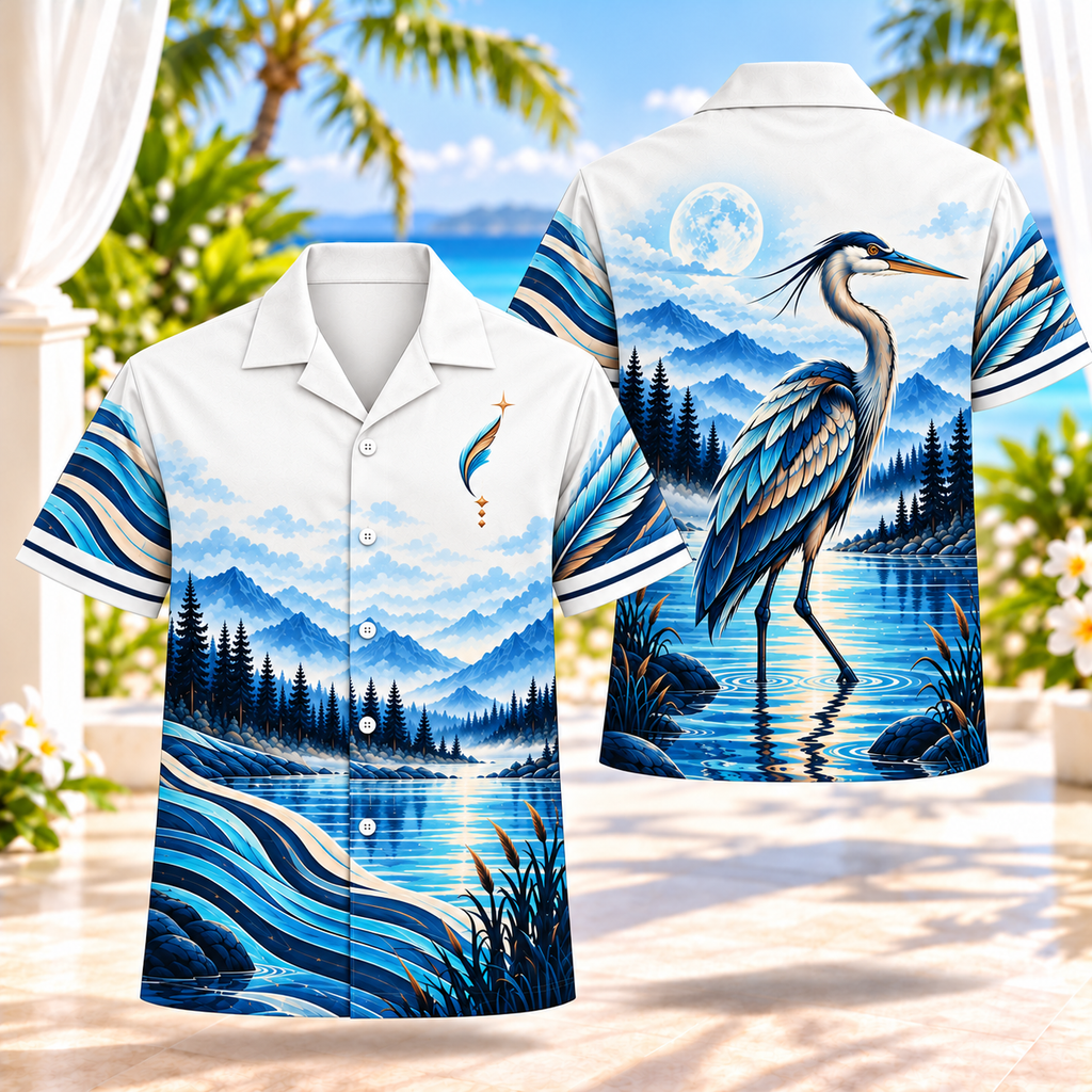 Celestial Heron Waters Native American-Inspired 3D Hawaiian Shirt BSm052