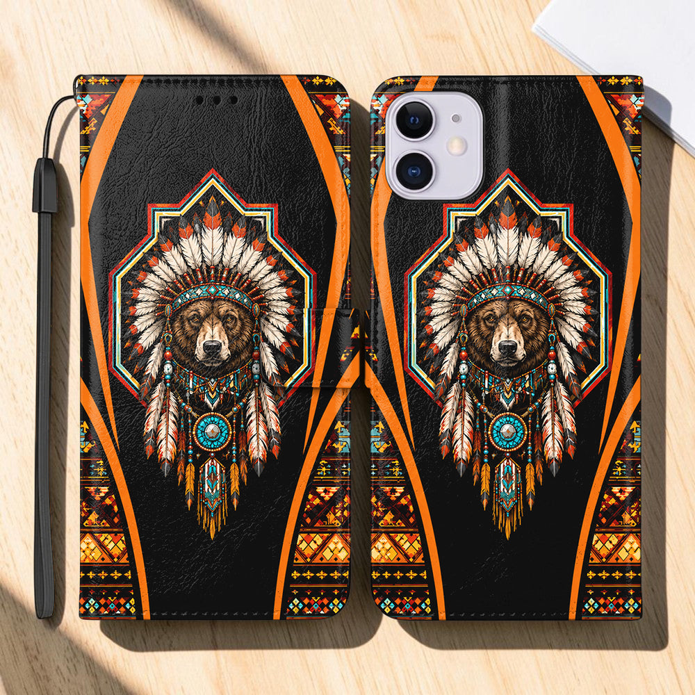 Chief Bear Native American-Inspired Leather Wallet Phone Case DS260803M02