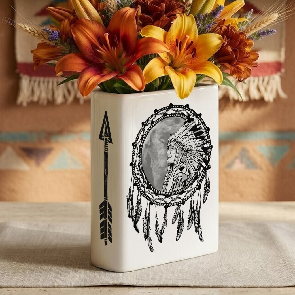 Chief Feather Dream Catcher Native American Ceramic Book-Shaped Vase