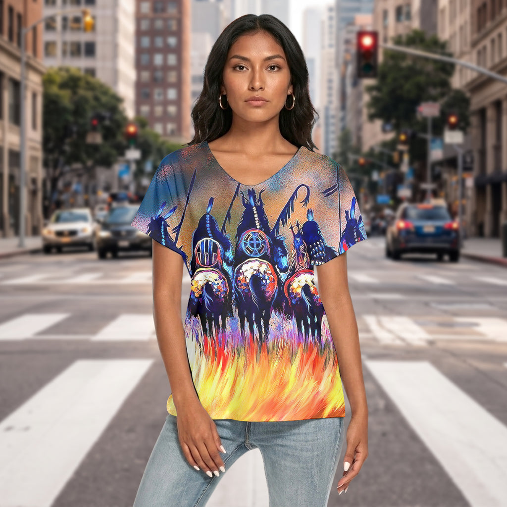 Chief Fire Native American Women's Loose V-neck Short Sleeve T-shirt GB-NAT00013