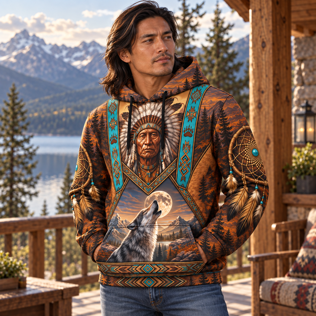 Chief Wolf Moon Dreamcatcher Native American-Inspired 3D Hoodie – HD3dm013