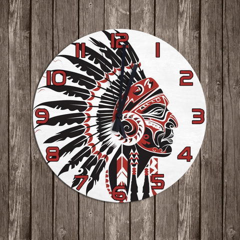 Chief Native American Red Feathers Wall Clock