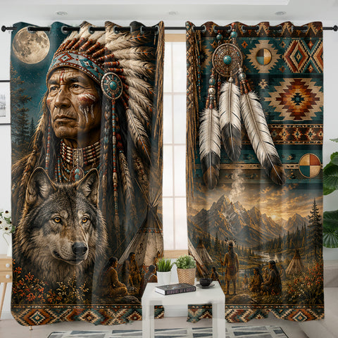 Chief and Wolf Native American Living Room Curtain DS260713M08