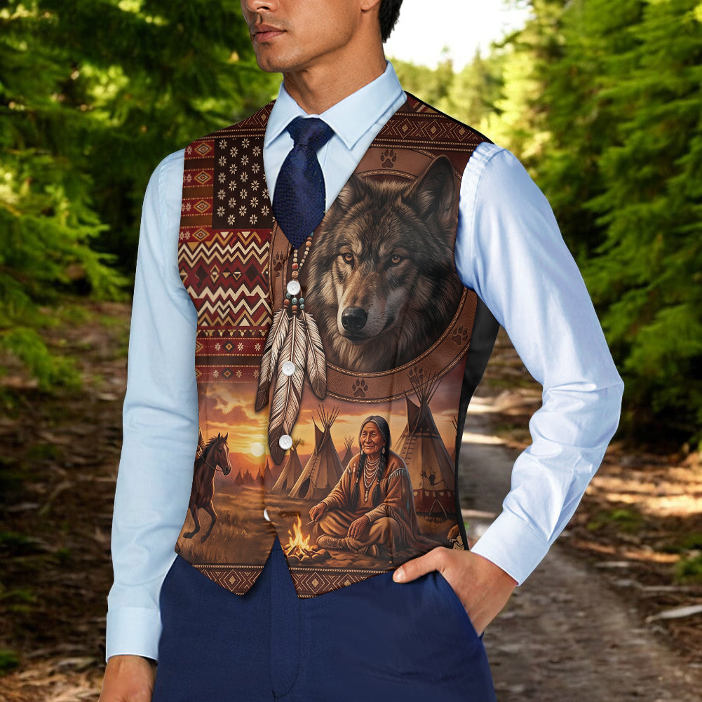 Chief and Wolf Native American Suit Vest Jacket Print One Side Front DS260710M13