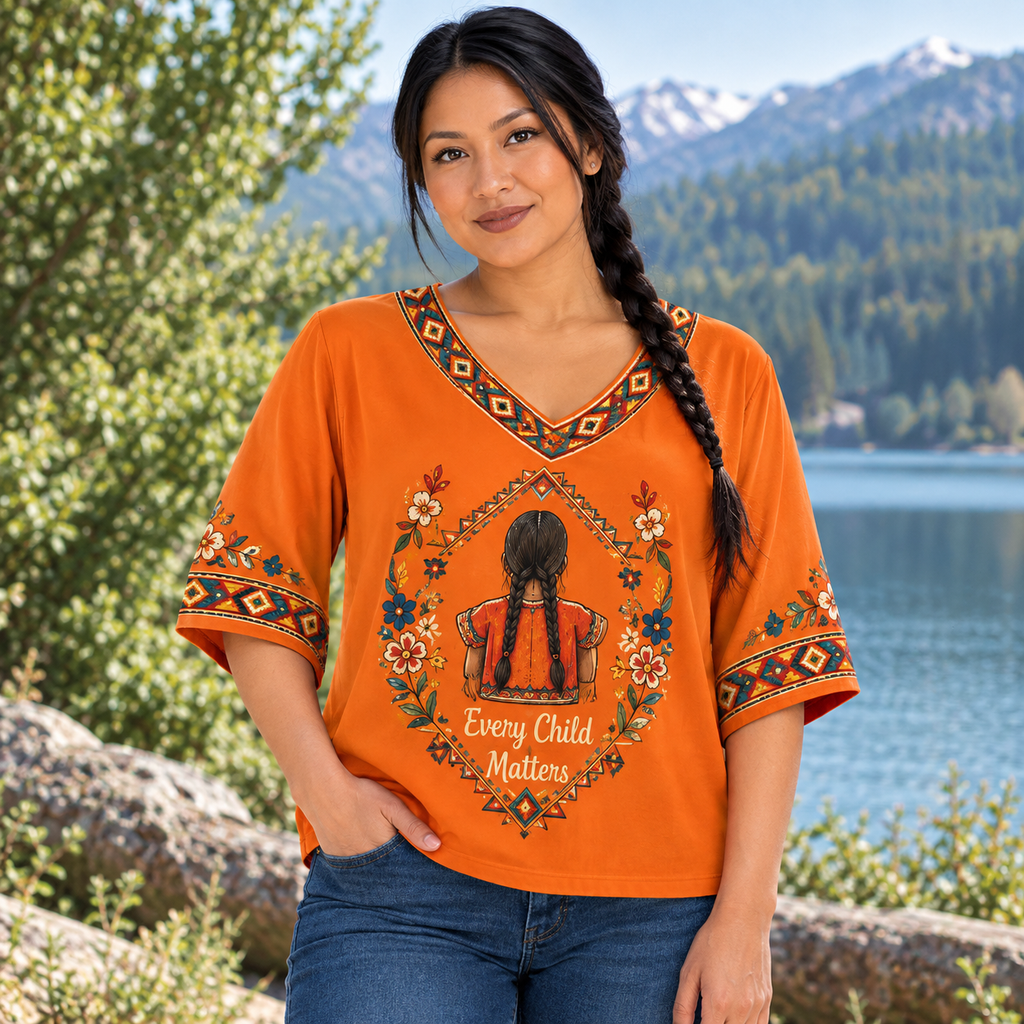 Child Floral Native American-Inspired Women's V-Neck 3-Quarter Sleeve Top WVS025