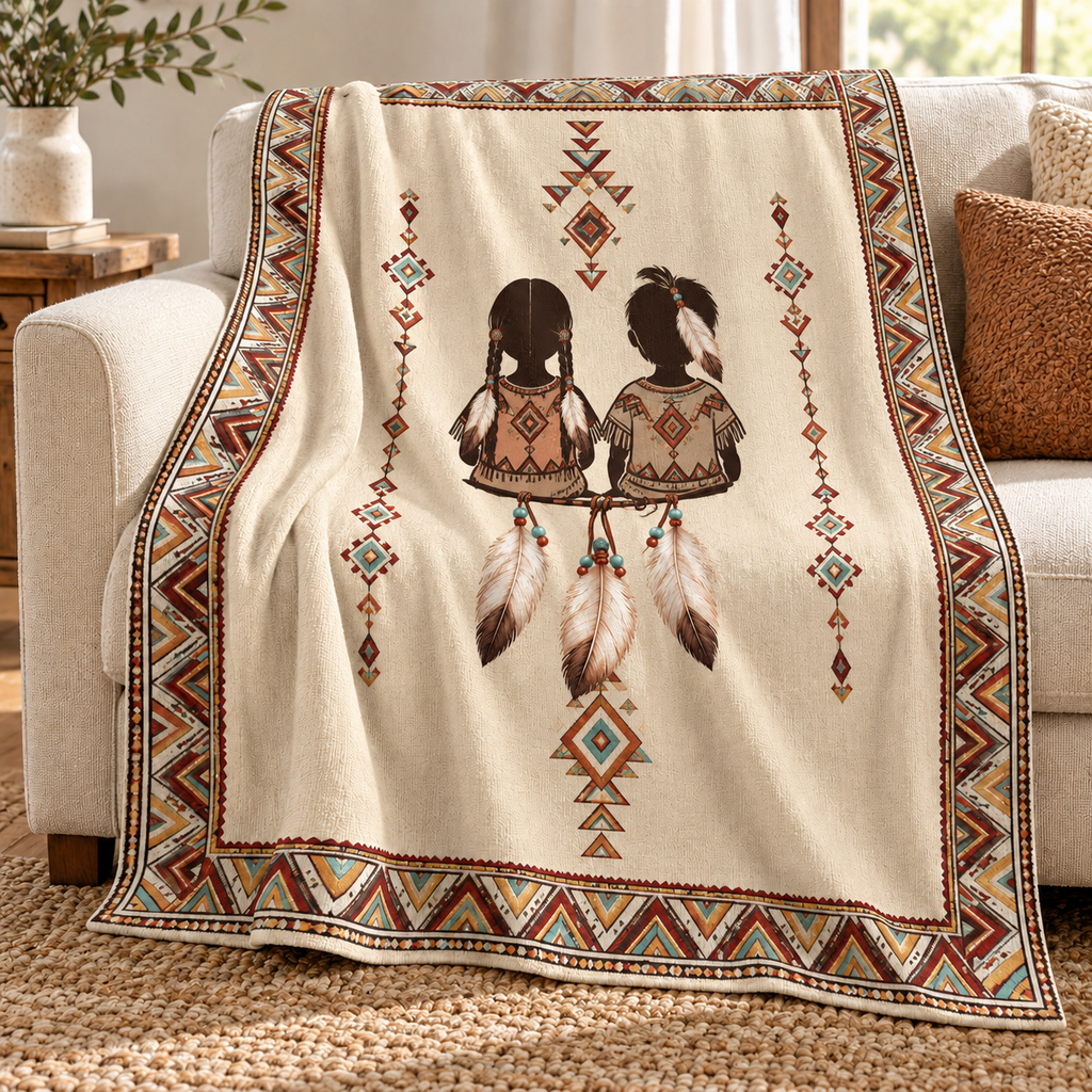 Child Silhouettes And Feathers Native American-Inspired Blanket BLm031