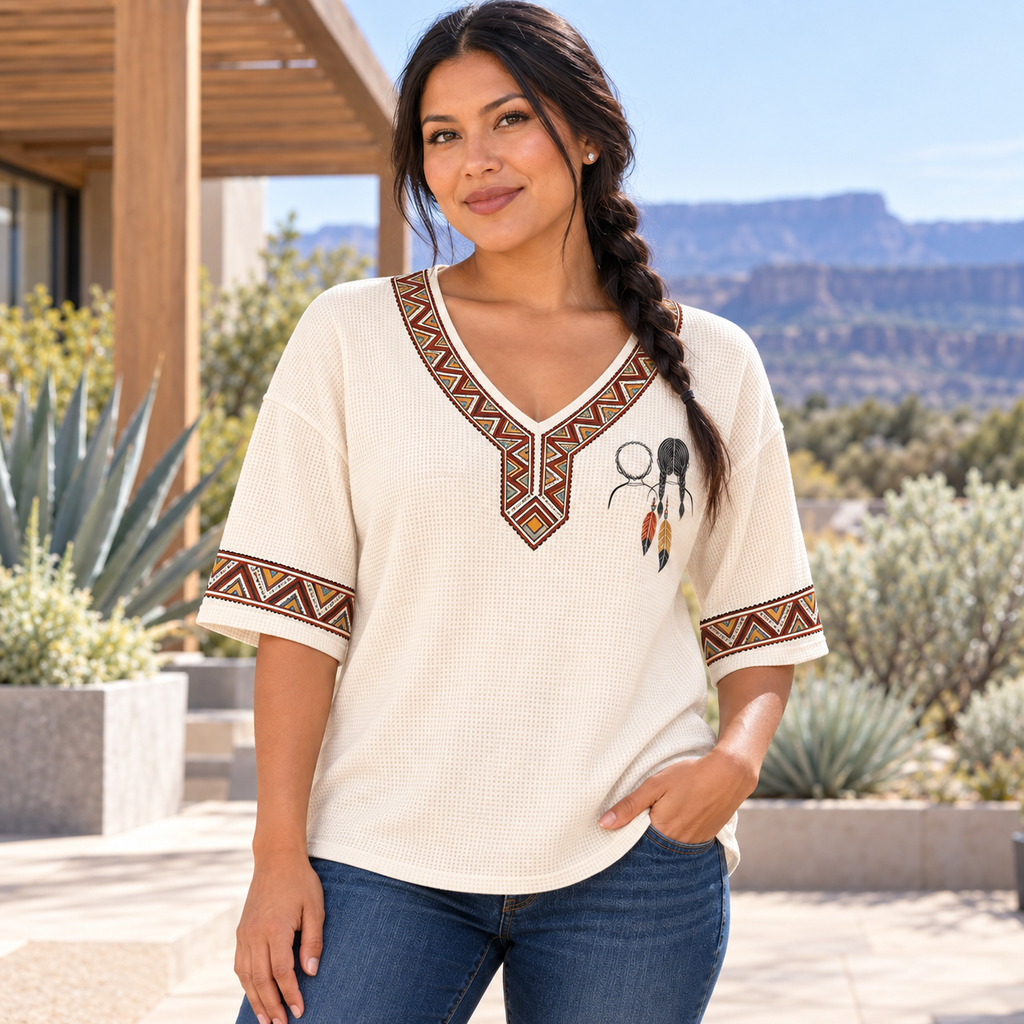 Children of Hope Native American-Inspired Women's V-Neck 3-Quarter Sleeve Top WVS010