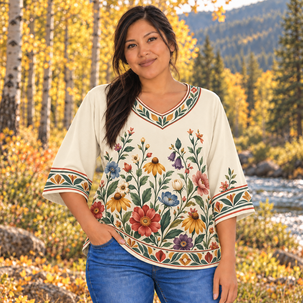 Colorful Wildflower Garden Native American-Inspired Women's V-Neck 3-Quarter Sleeve Top WVS034