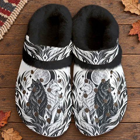 Couple Wolf Moon Native American-Inspired Classic Clogs with Fleece Shoes BSm046