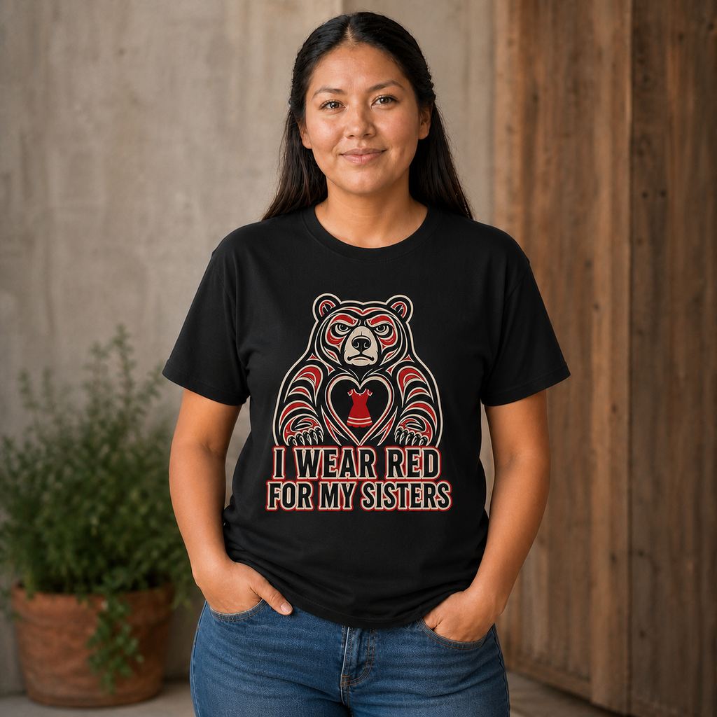 Crimson Bear Heart Graphic Native American-Inspired 2D T-Shirt TSm036