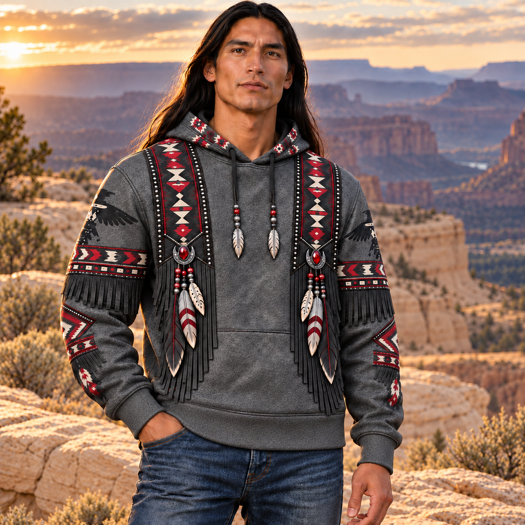 Crimson Feather Trail Native American-Inspired 2D Hoodie HD3dm003