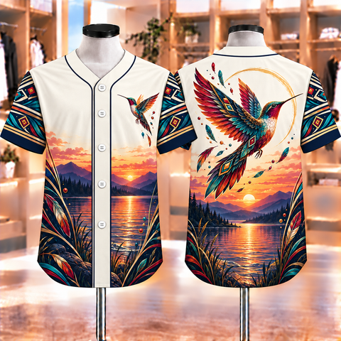 Crimson Sunset Hummingbird Native American-Inspired Baseball Jersey BSm062