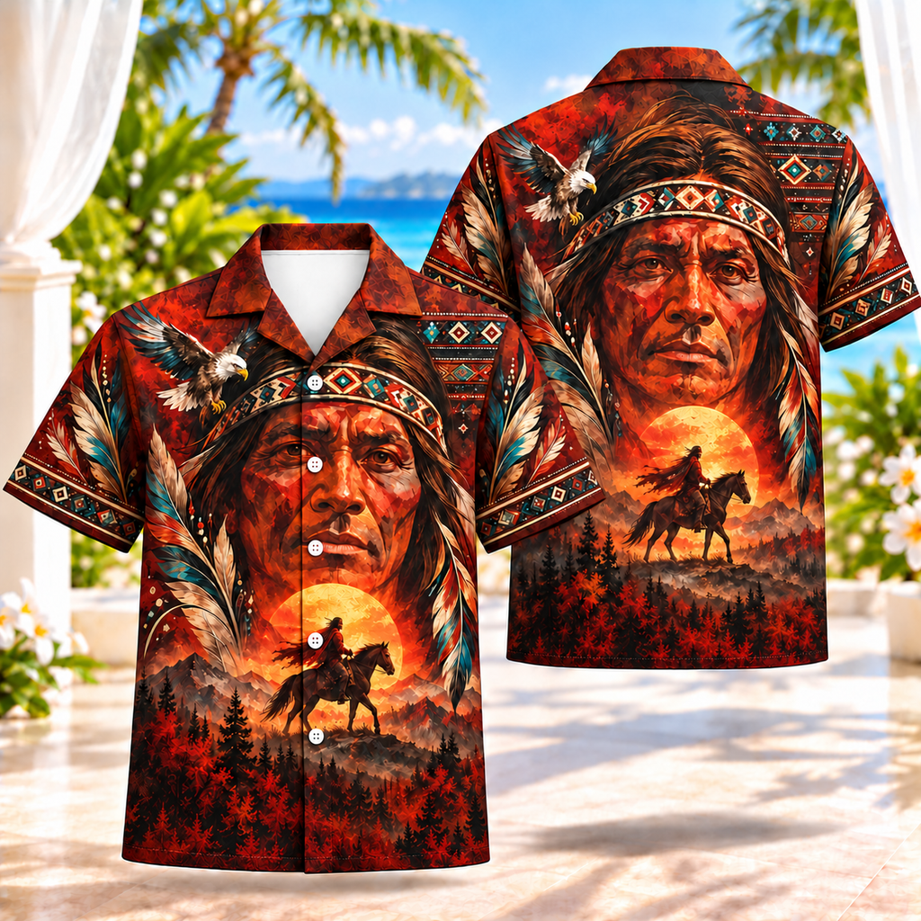 Crimson Warrior Native American-Inspired 3D Hawaiian Shirt HWm043