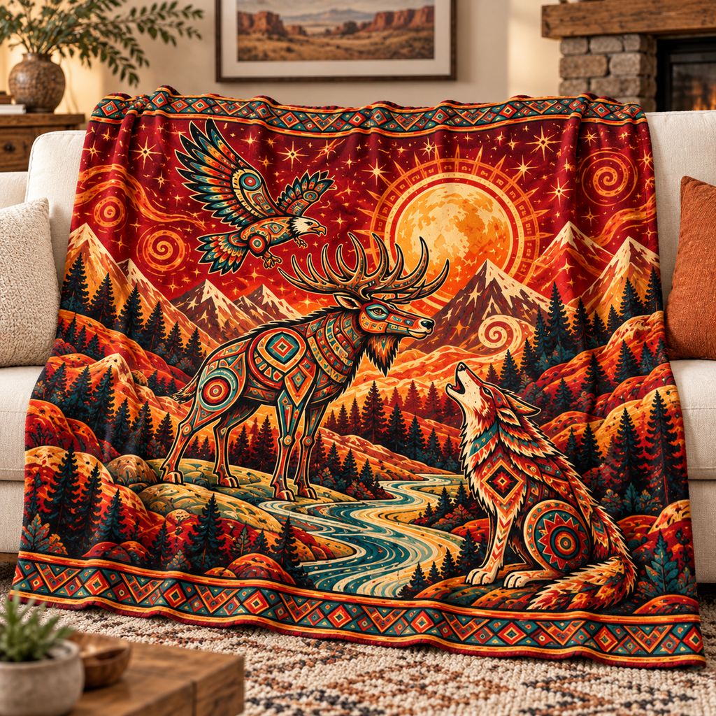 Crimson wildlife Native American-Inspired Blanket BLm007