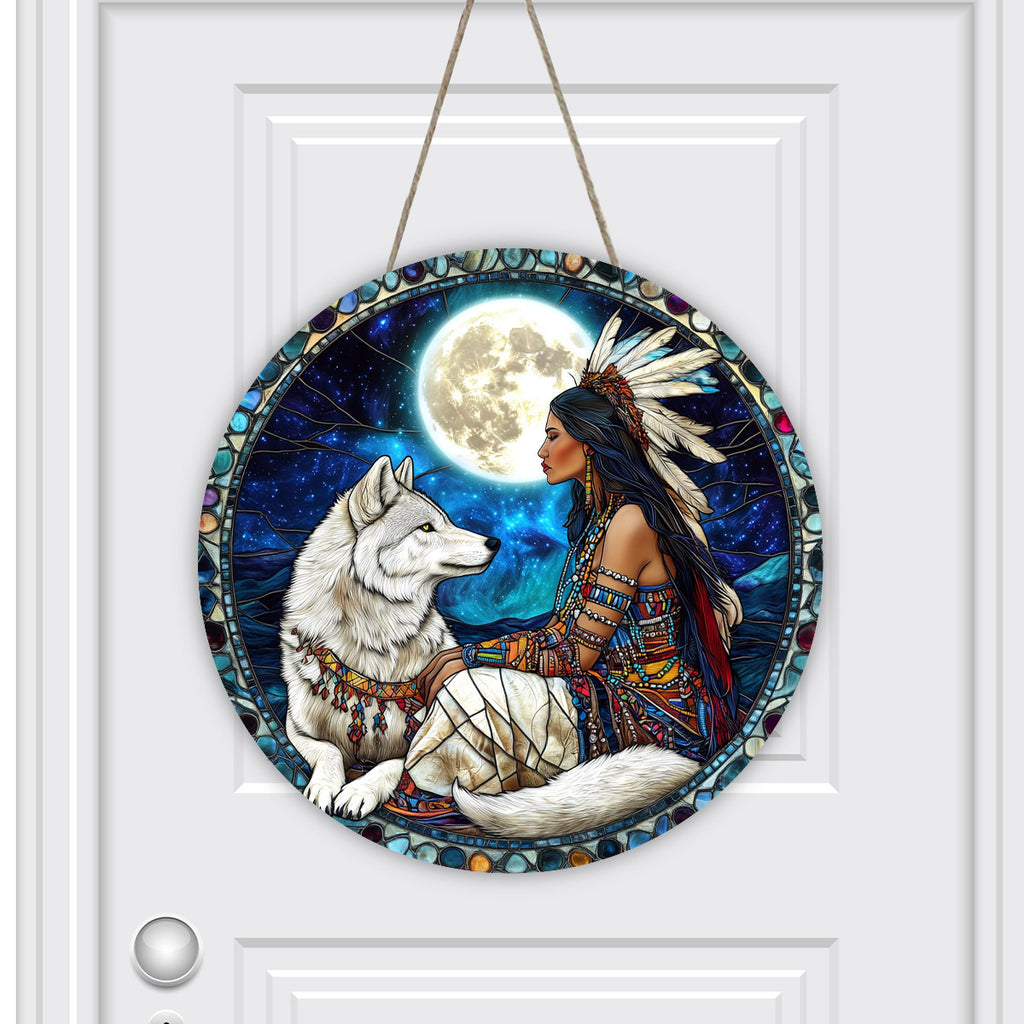 DH250228M03 Wolf and Lady Native American Round House Number Door Hanger