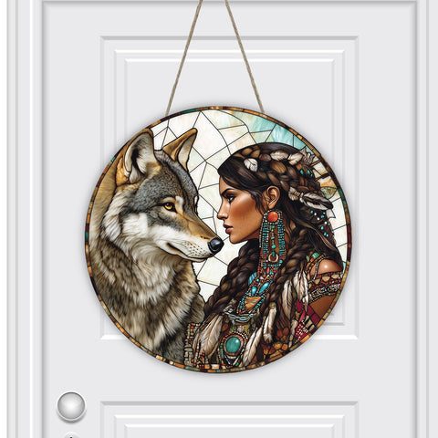 DH250228M04 Wolf and Lady Native American Round House Number Door Hanger