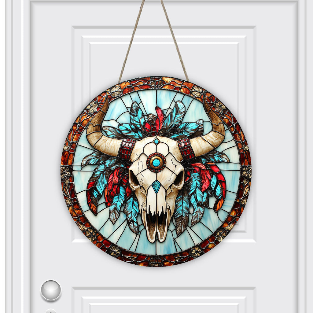 DH250228M05 Bison Skull Native American Round House Number Door Hanger