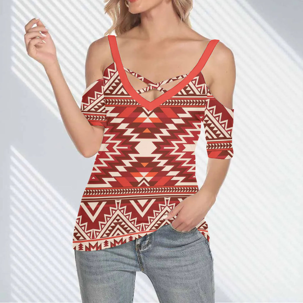 DS250425M52 Native American Women Cold Shoulder Criss Cross T-shirt