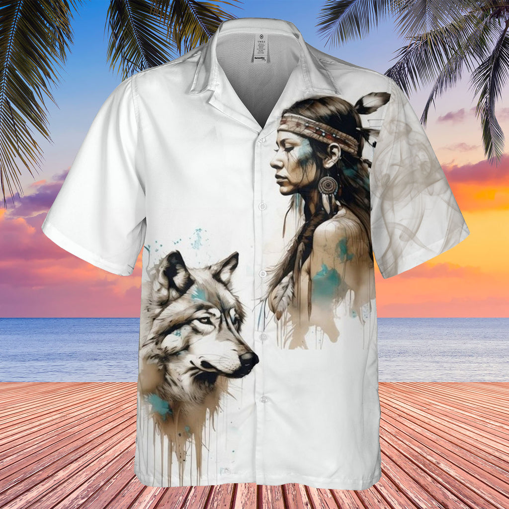 DS250428M06 Women and Wolf Native American Hawaiian Shirt 3D