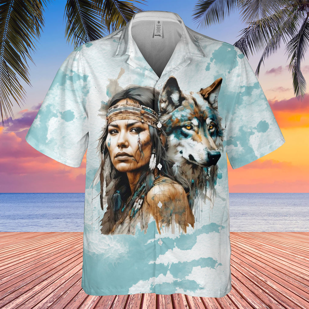 DS250428M07 Women and Wolf Native American Hawaiian Shirt 3D
