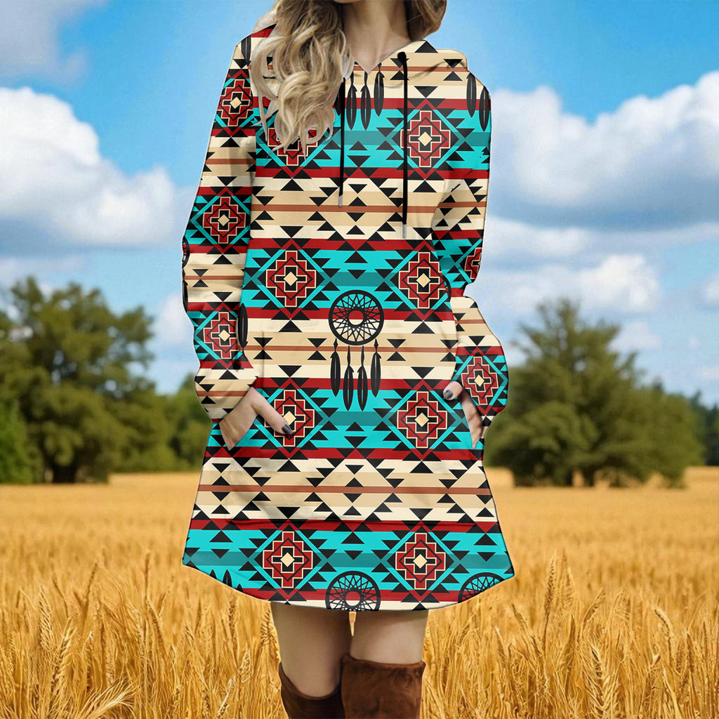 DS250614M01 Dreamcatcher Native American Women Longline Hoodie Dress