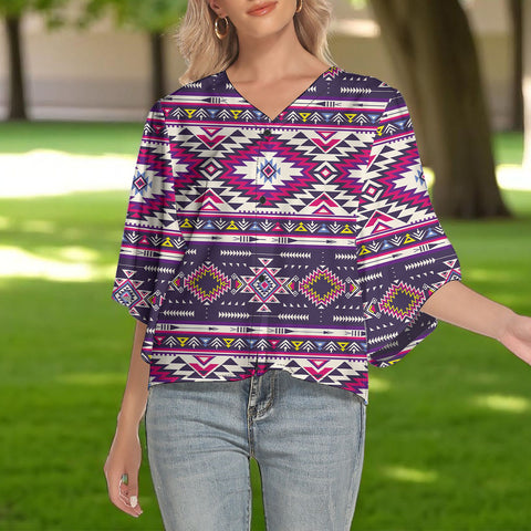 DS250618M01 Native American Women V-Neck Batwing Sleeve Button Top