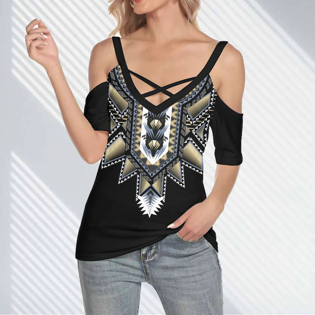 DS250620M04 Native American Women Cold Shoulder Criss Cross T-shirt