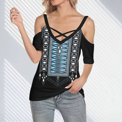 DS250620M05 Native American Women Cold Shoulder Criss Cross T-shirt