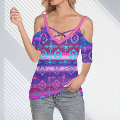DS250620M07 Native American Women Cold Shoulder Criss Cross T-shirt